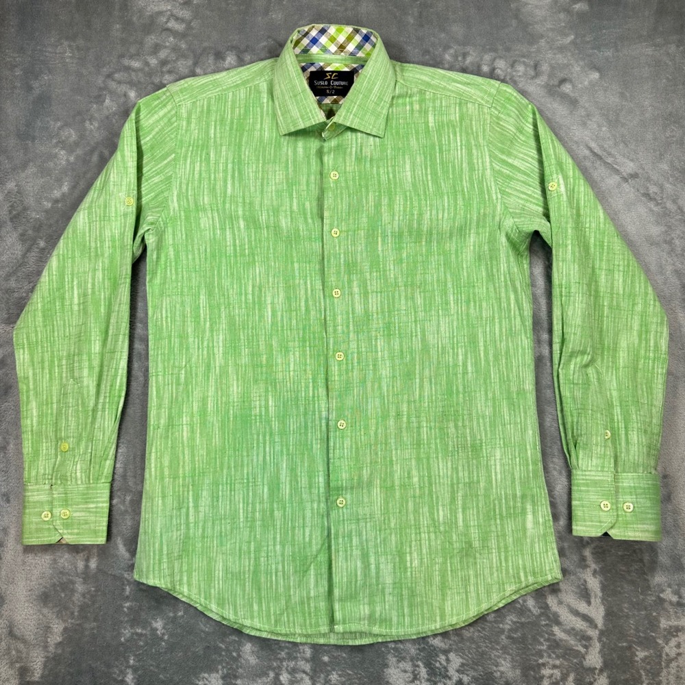 Suslo Couture Mens Green Slub Linen Blend Roll Tab Button Up Shirt Small S/2